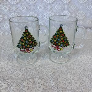 Vintage Sabin Christmas Tree Footed Glass Mugs Set of 2 1980s Holiday